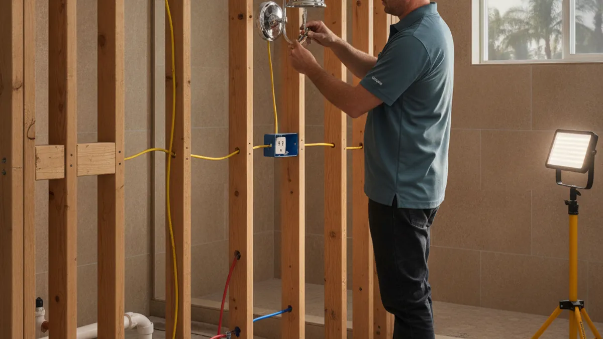 An electrician installing a vanity light fixture and a GFCI outlet in a Tampa Bay bath remodel rough-in