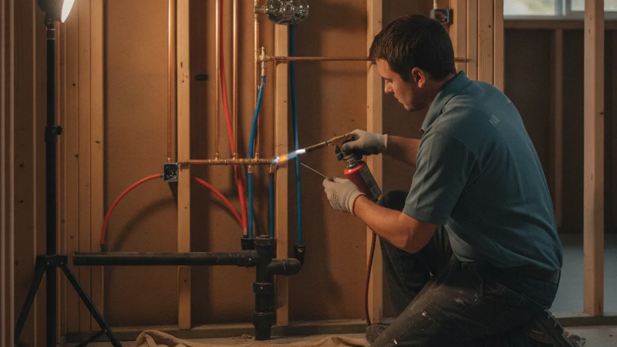 A plumber soldering copper supply lines in the wall during a Tampa Bay bathroom rough-in inspection