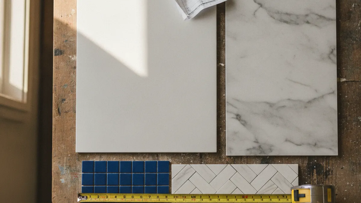 A Tampa Bay bathroom with large-format porcelain wall tile, a 2x2 mosaic shower floor, and a curbless linear drain