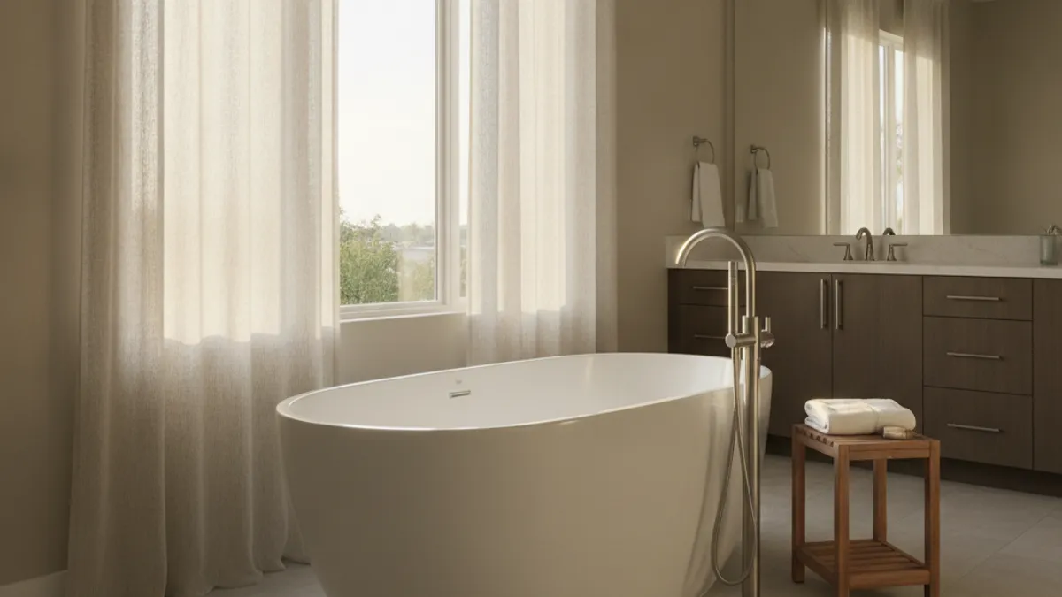 A Tampa Bay master bath with a freestanding acrylic soaking tub positioned under a window with a wall-mount tub filler