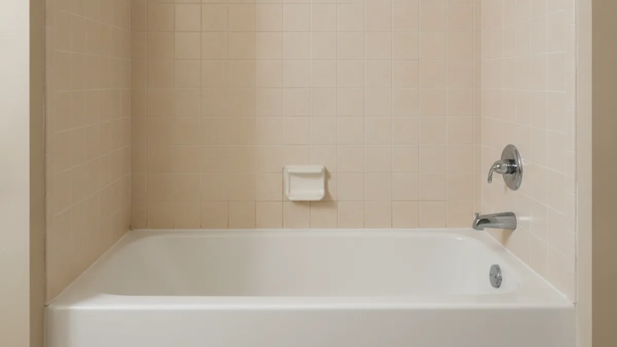 A white 60-inch alcove bathtub with a dated ceramic tile surround in an older Tampa Bay bathroom, empty and shot straight on