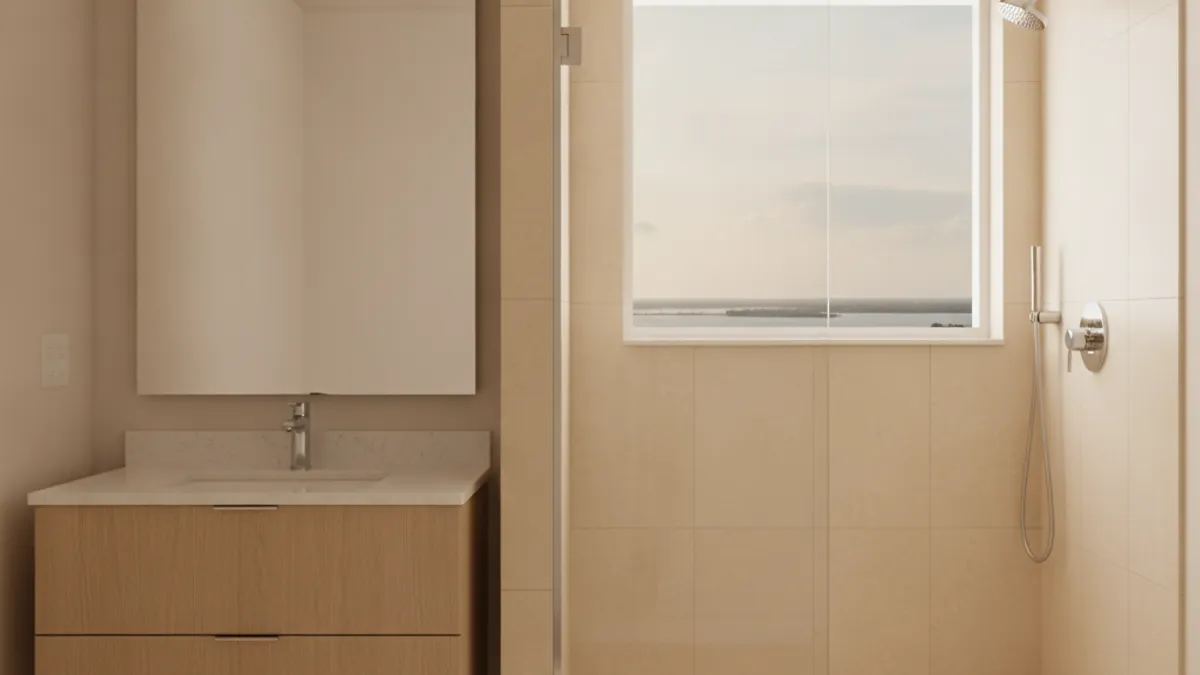 Renovated Tampa Bay condo bathroom with a floating oak vanity, a frameless glass walk-in shower, and a window looking out on the bay