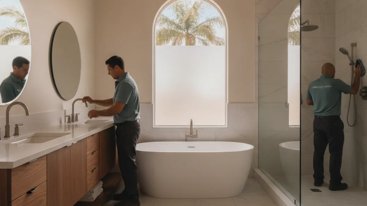 A Tampa Bay primary suite bath with a curbless walk-in shower, a freestanding tub under a window, and a 72-inch double vanity