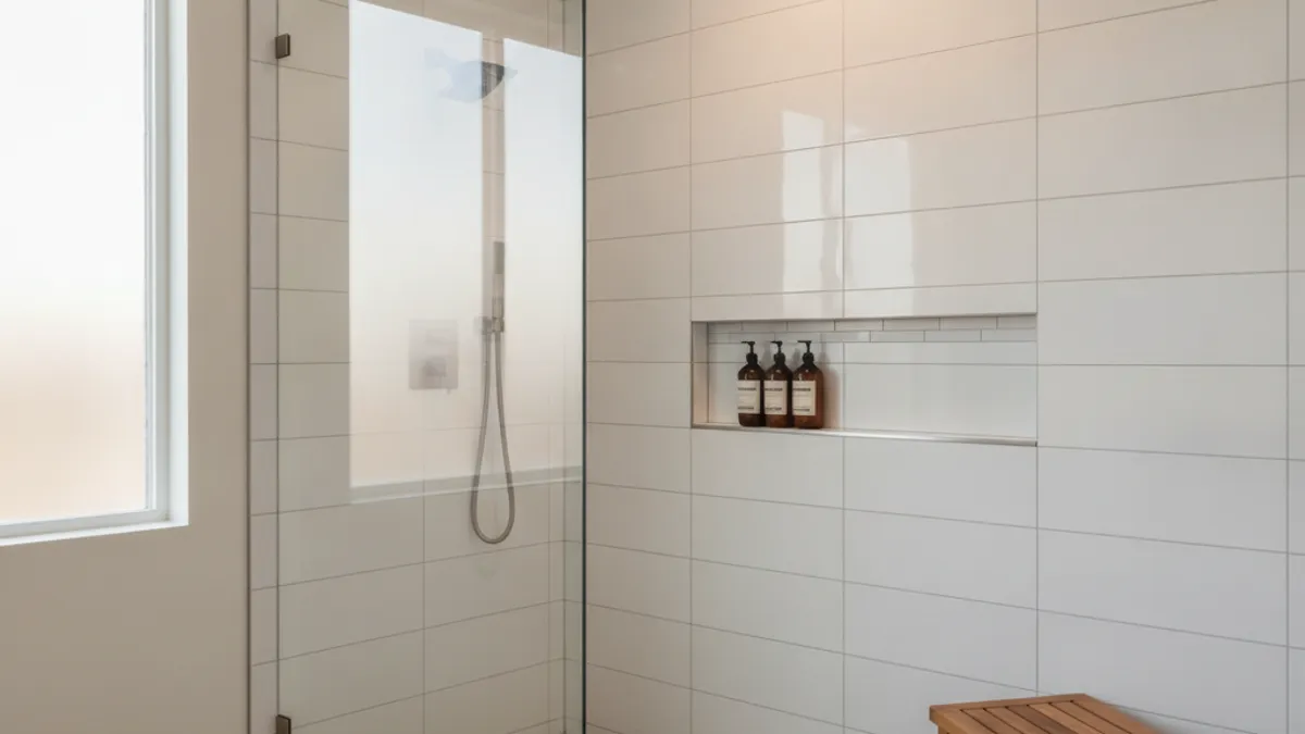 A Tampa Bay walk-in shower with large-format porcelain tile, a frameless glass enclosure, and a wall niche