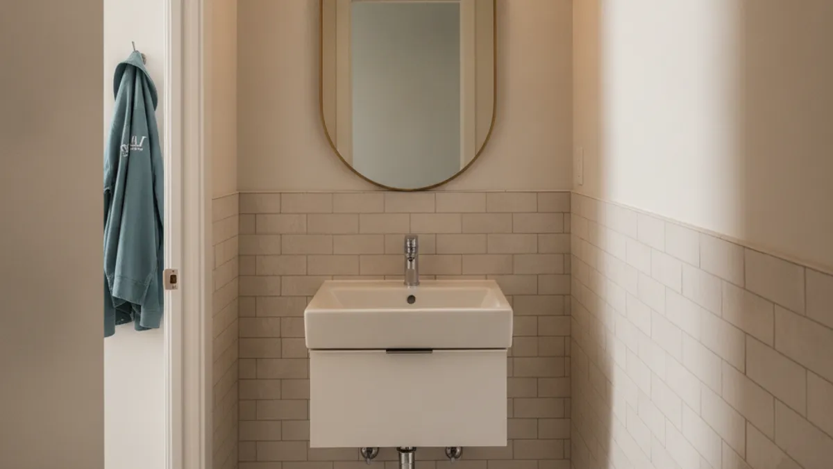 A small Tampa Bay powder room with a wall-mount faucet, a round mirror, and a herringbone tile floor