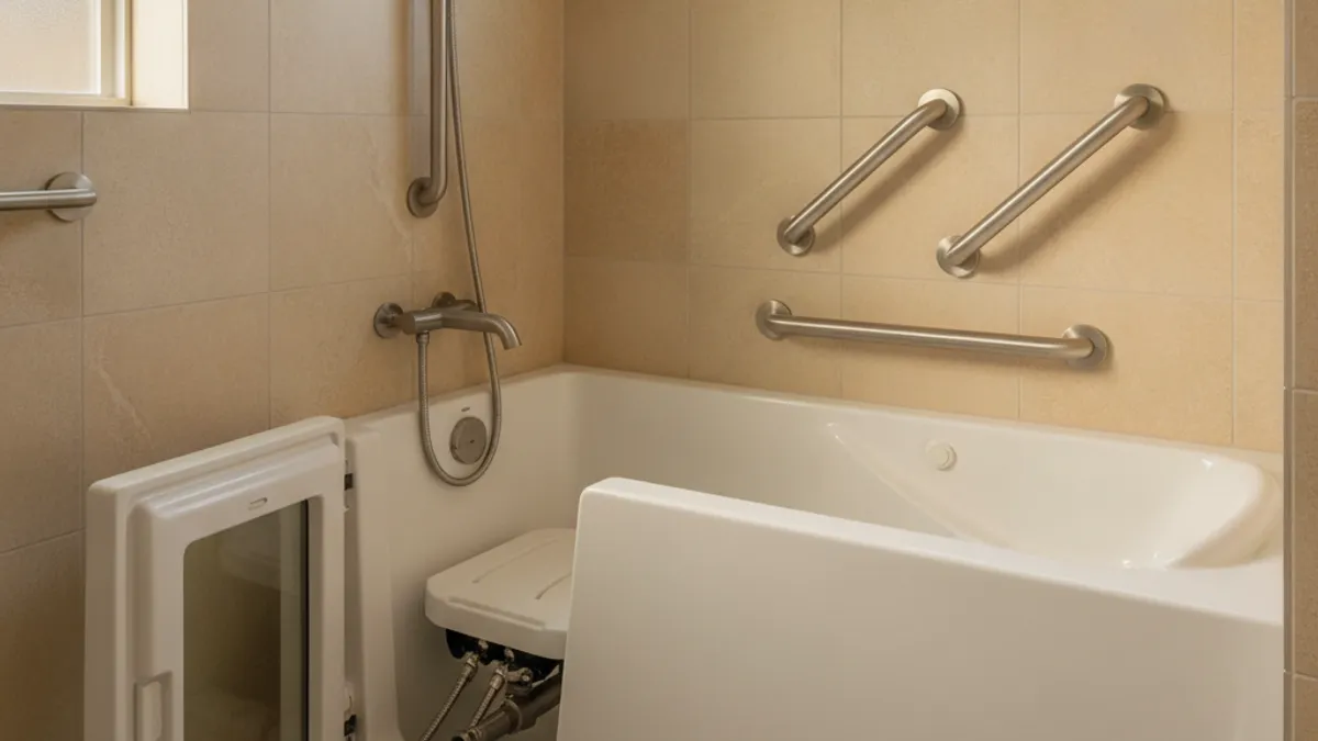 A Tampa Bay walk-in tub with a sealed door, a built-in seat, and a handheld showerhead in a remodeled primary bath