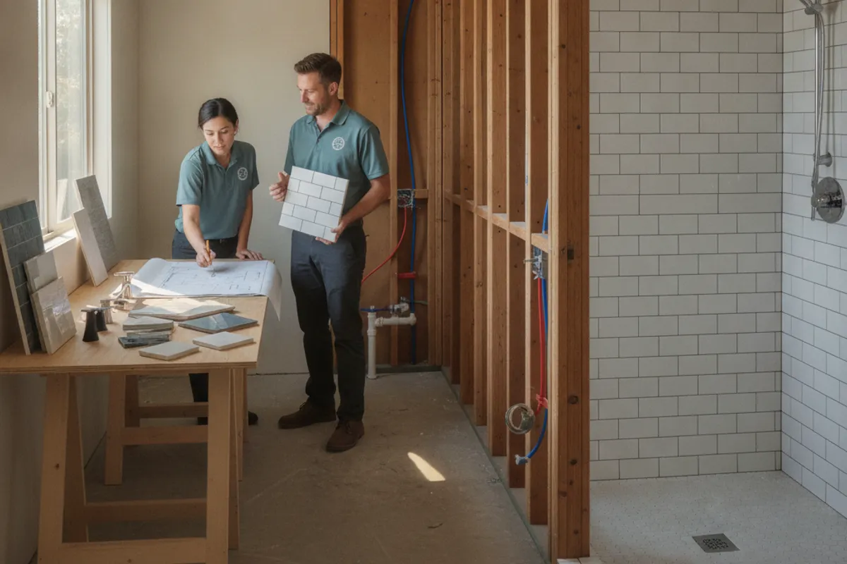 A Tampa Bathroom Pro project manager reviewing tile samples with a homeowner in a Tampa Bay bathroom