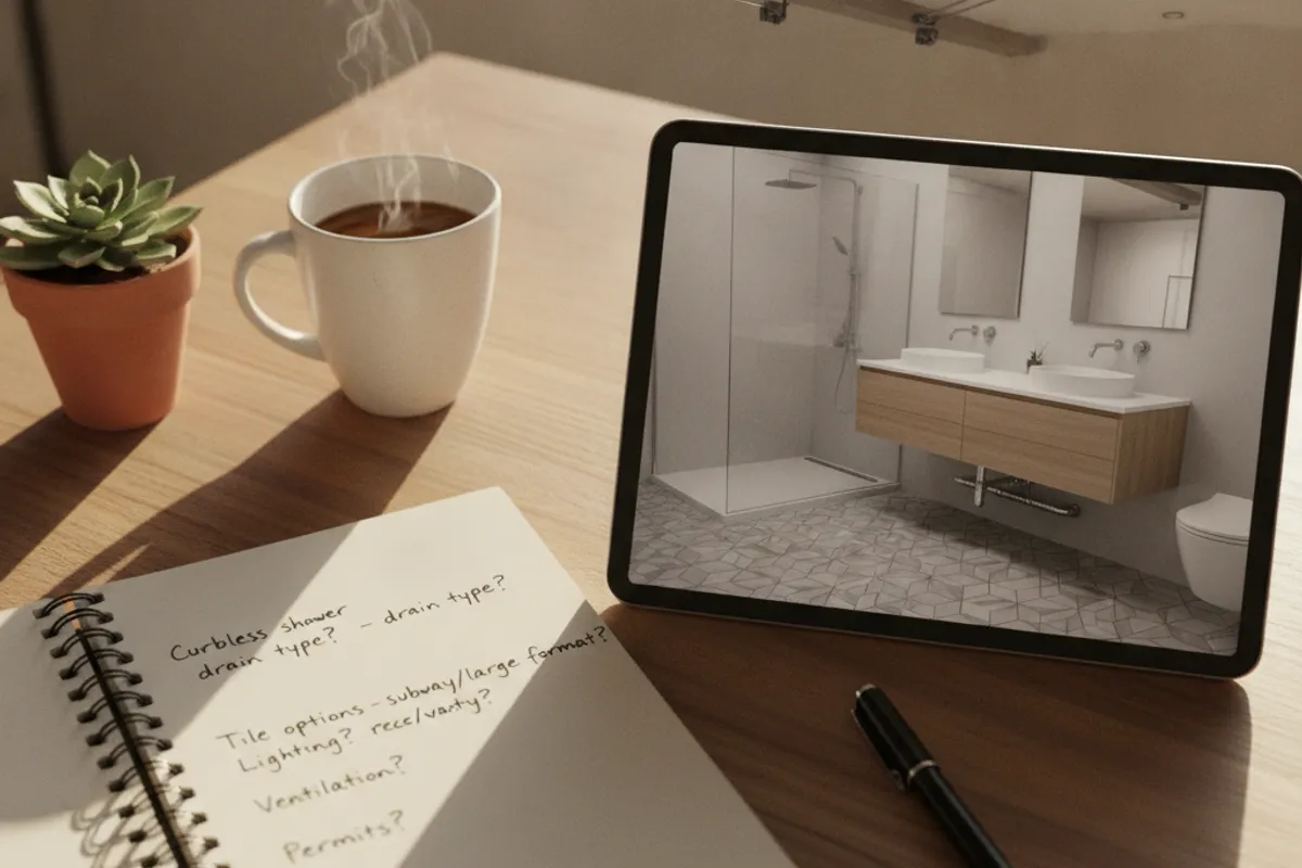 A homeowner reviewing bathroom remodel plans with a Tampa Bathroom Pro designer in a Tampa Bay home