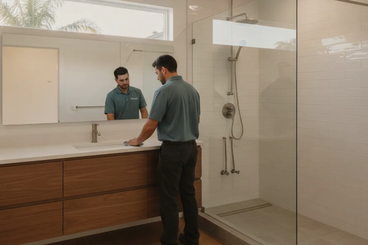A finished walk-in shower with subway tile and frameless glass in a Tampa Bay bathroom