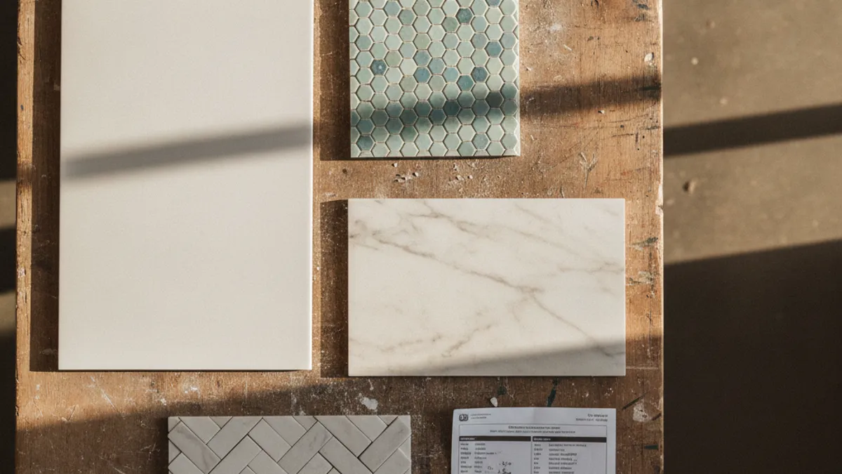 Bathroom tile samples fanned out on a Tampa Bay workshop bench: porcelain, marble, and ceramic