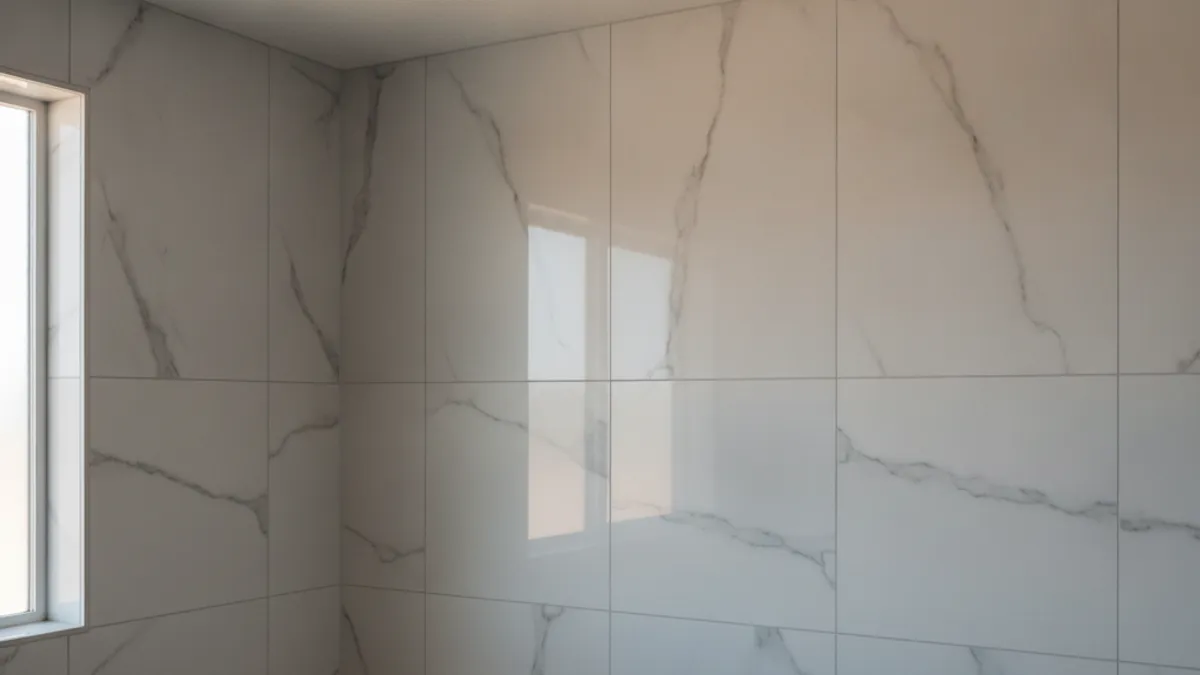 Newly installed bathroom exhaust fan on a ceiling with a marble-look tile surround in Tampa Bay