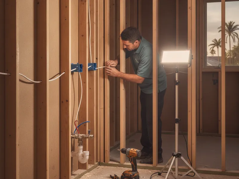 Electrician wiring vanity sconces and a GFCI outlet during a Tampa Bay bathroom remodel rough-in