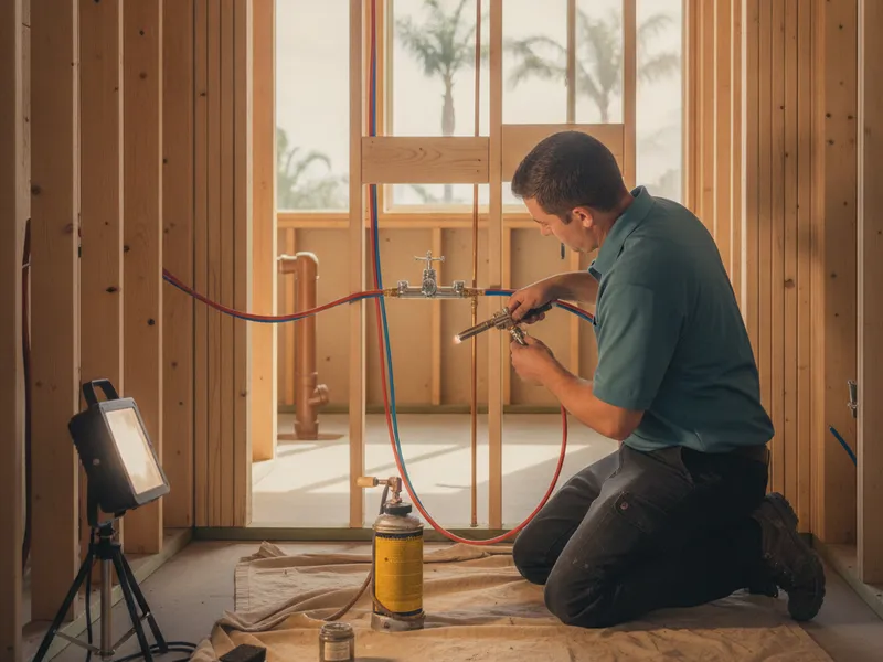 Plumber installing new PEX supply lines and a pressure-balancing valve in a Tampa Bay bath rough-in