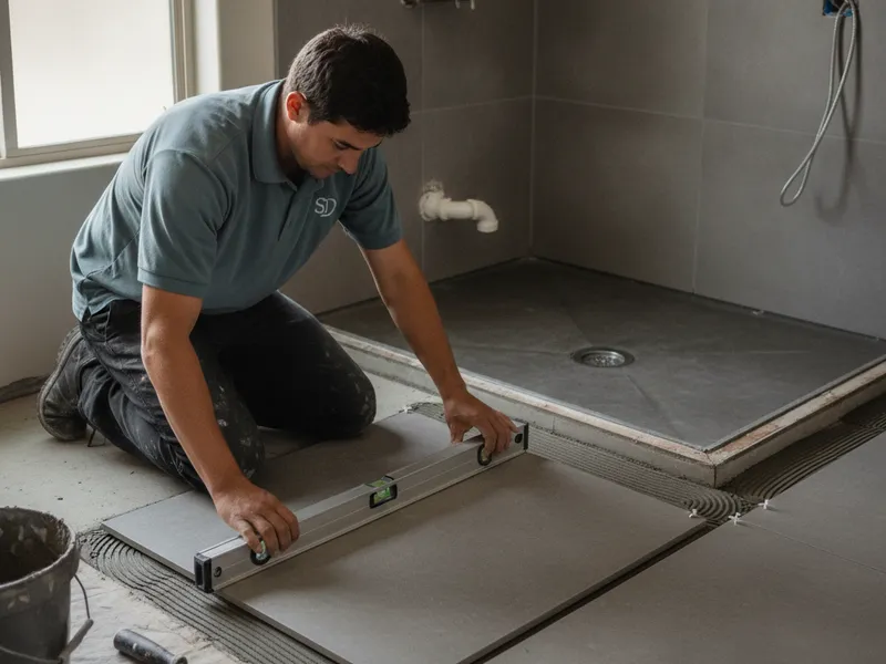 Large-format porcelain tile being installed on a Tampa Bay bathroom floor with a heated floor mat below