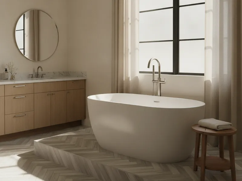 New freestanding soaking tub installed against a tile feature wall in a Tampa Bay master bath