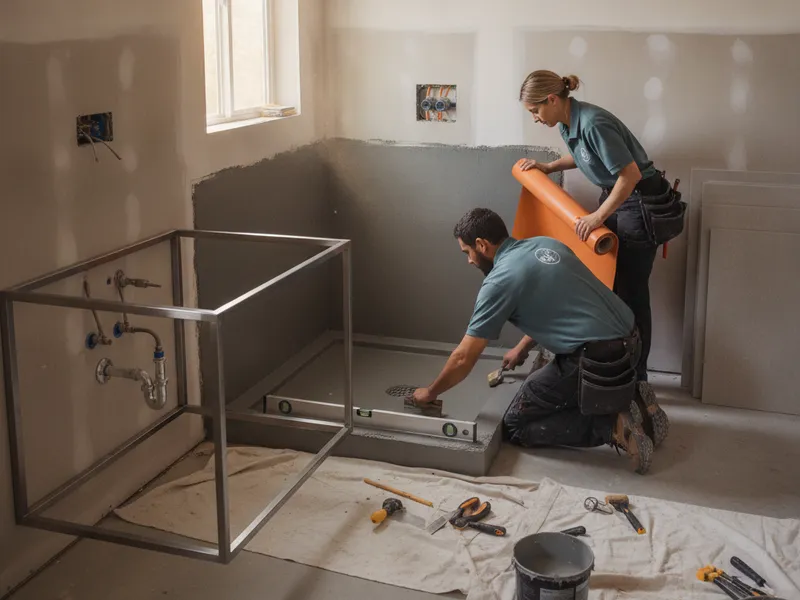 Crew installing large-format porcelain tile and a floating vanity in a Tampa Bay full bathroom remodel