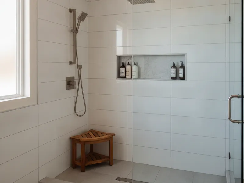 Tile walk-in shower with frameless glass and brushed-nickel fixtures in a Tampa Bay remodel