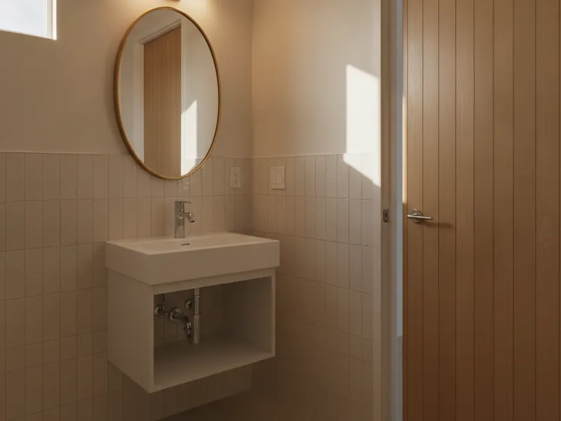 Small powder room remodel with a wall-mount faucet, floating vanity, and large-format light tile in Tampa Bay