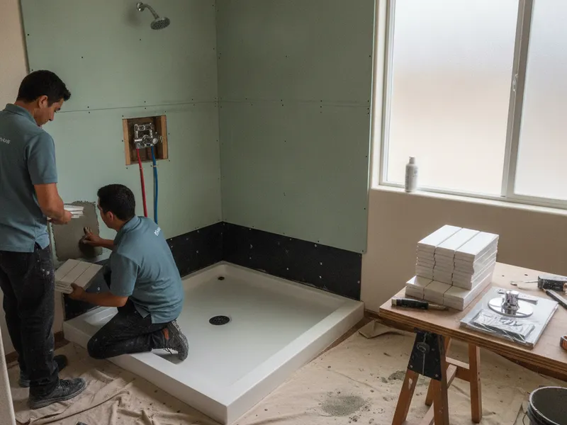 Removed alcove tub replaced with a tiled walk-in shower and frameless glass door in a Tampa Bay bath