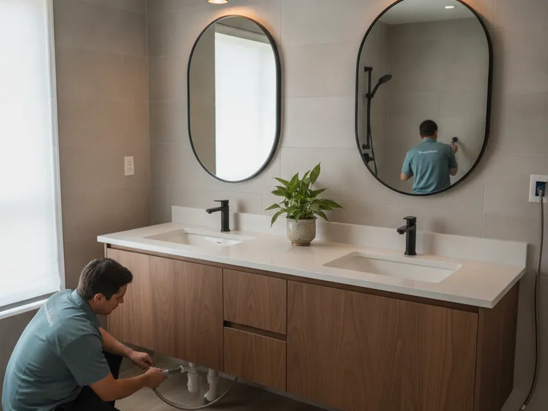 Custom double vanity with quartz counters, undermount sinks, and a framed mirror in a Tampa Bay primary bath