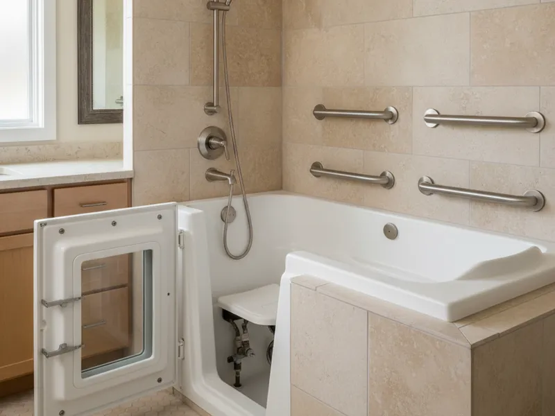 Walk-in tub with a built-in seat, grab bar, and handheld shower wand installed in a Tampa Bay accessibility bath